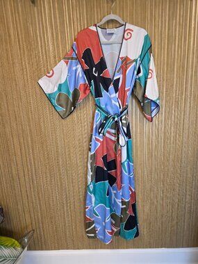 Mary McFadden Collection I Silky Kimono VTG Robe Abstract Floral Satin M
